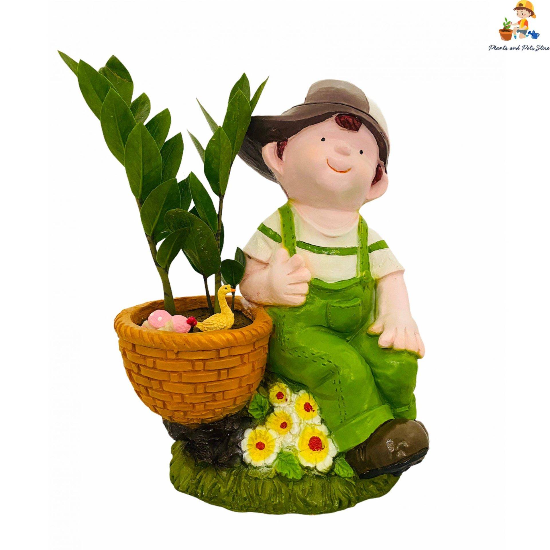 Resin Boy Pot with Indoor Plant - zamia